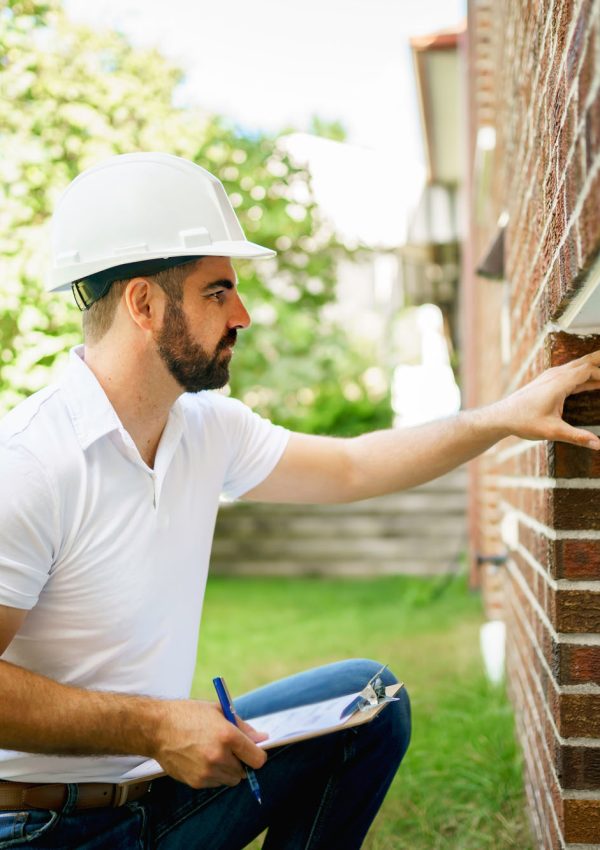 A man with a white hard hat holding a clipboard, inspect house